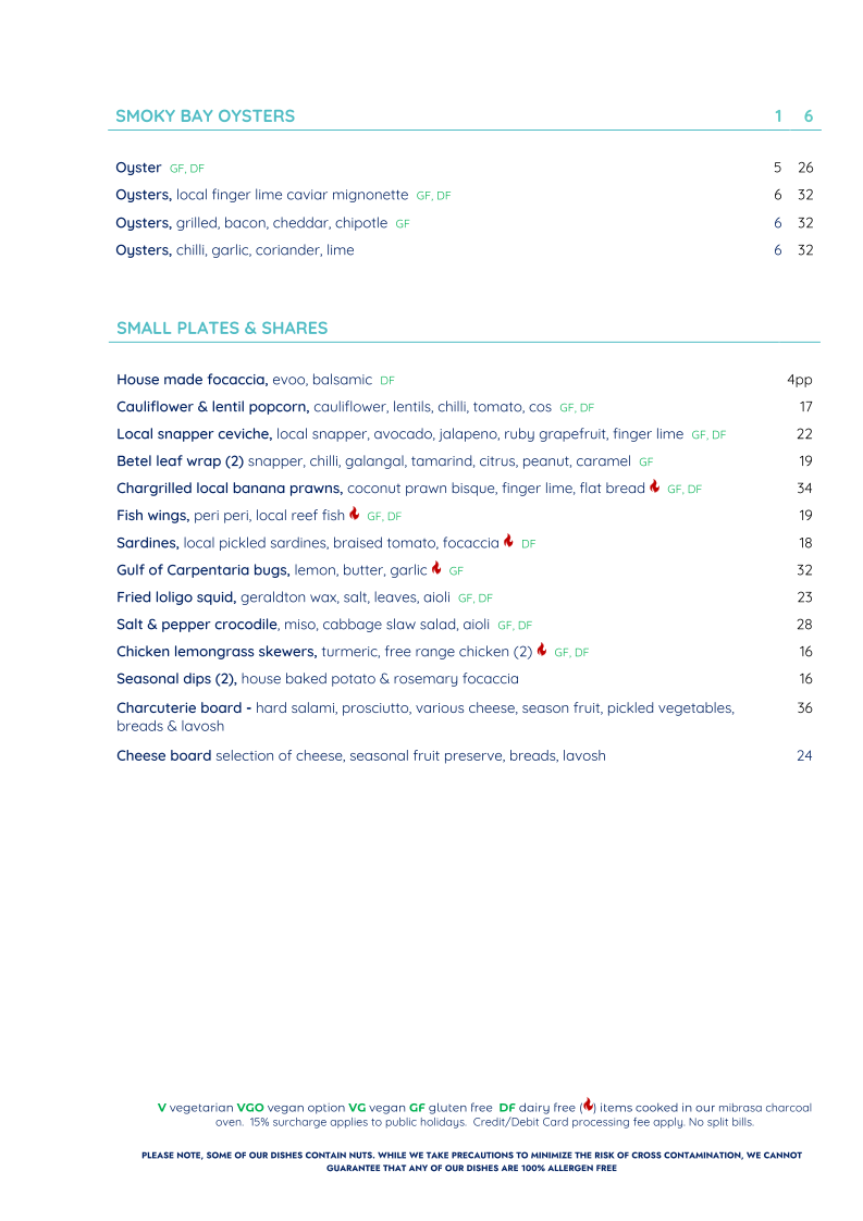 Menu, Snapper Rocks