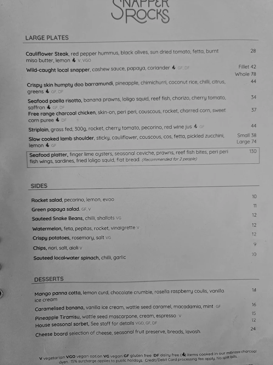 Menu, Snapper Rocks