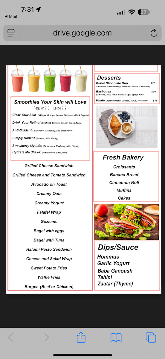 Menu, Kenz Beauty Cafe