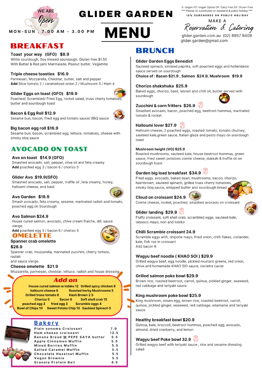 Menu, Glider Garden