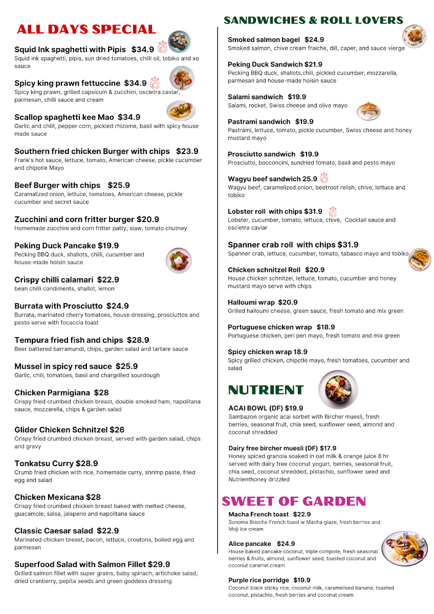 Menu, Glider Garden