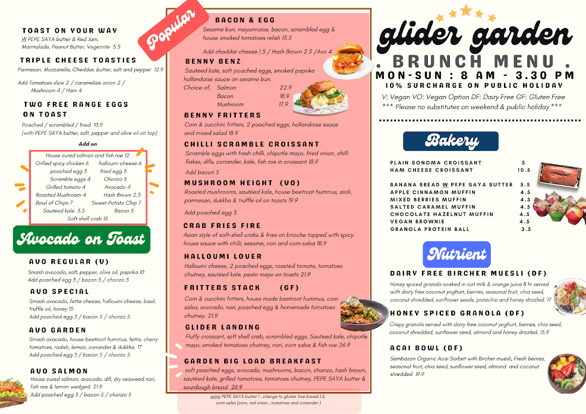 Menu, Glider Garden
