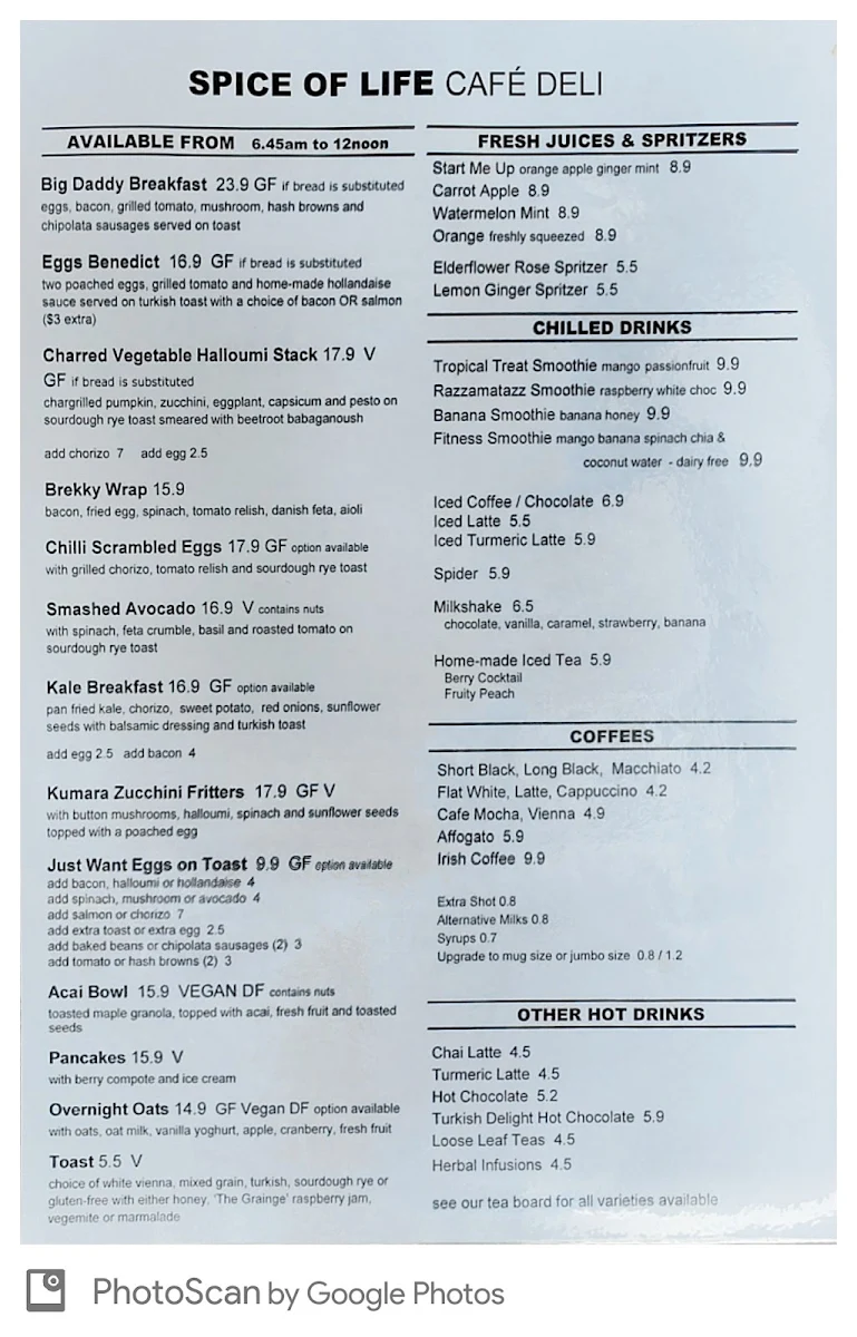Menu, Spice of Life Cafe & Deli