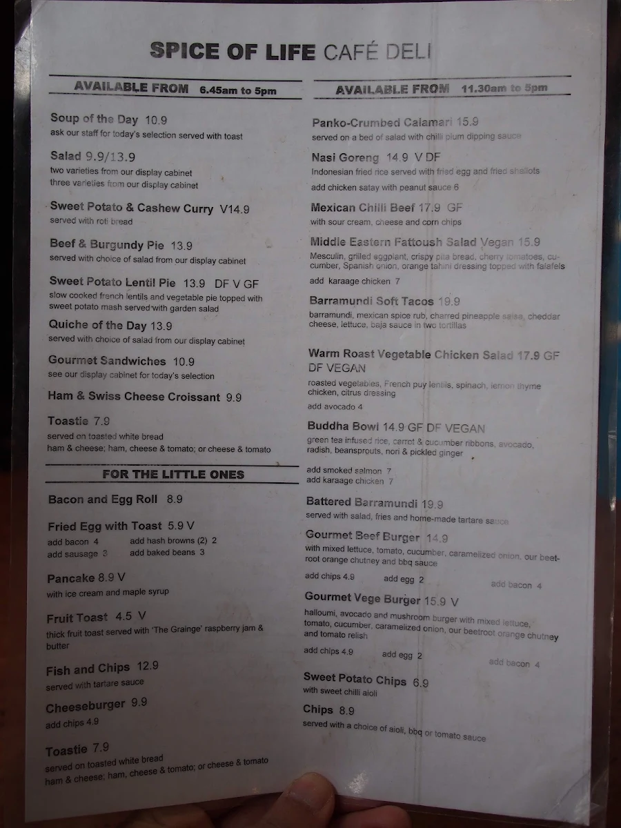 Menu, Spice of Life Cafe & Deli