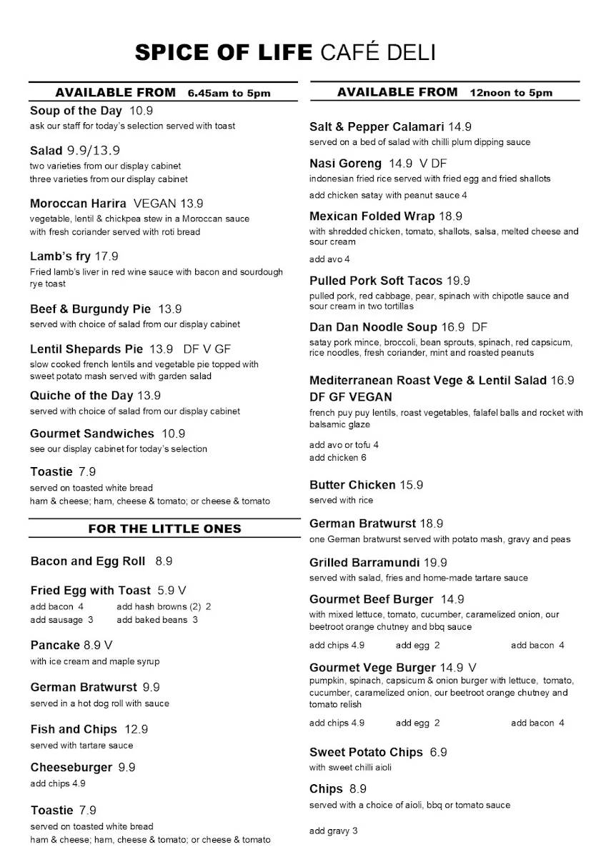 Menu, Spice of Life Cafe & Deli