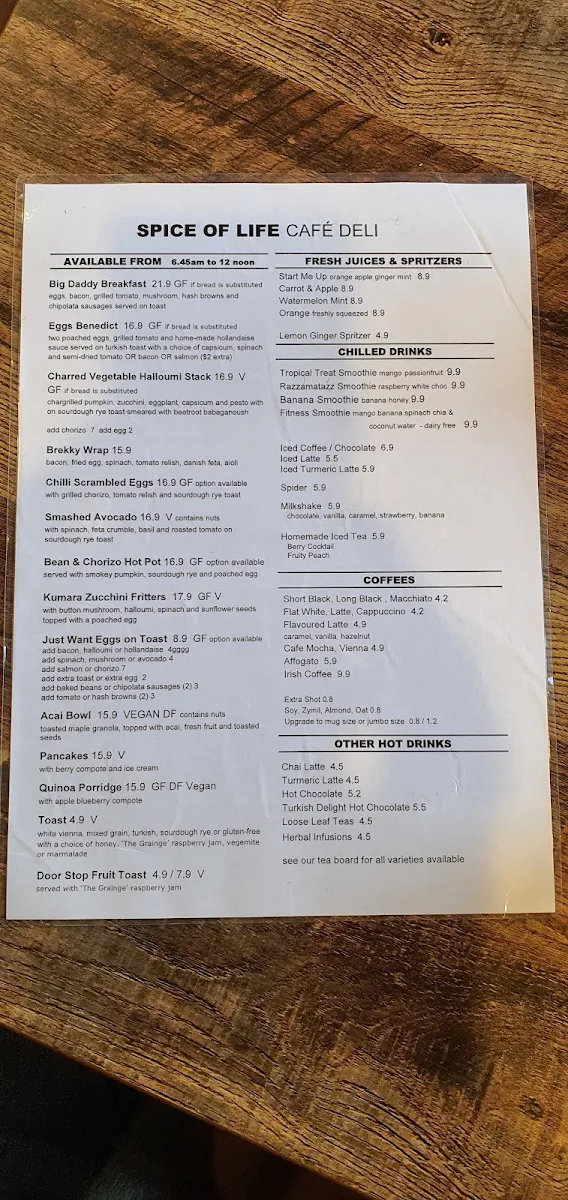 Menu, Spice of Life Cafe & Deli