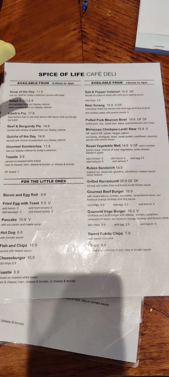 Menu, Spice of Life Cafe & Deli