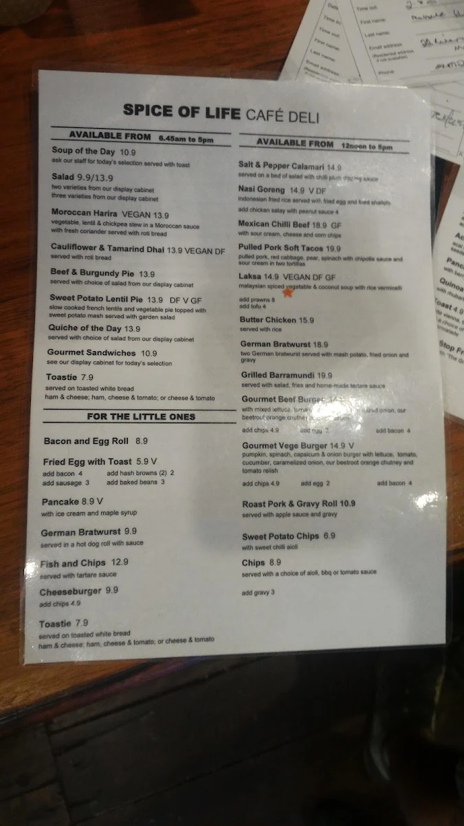 Menu, Spice of Life Cafe & Deli