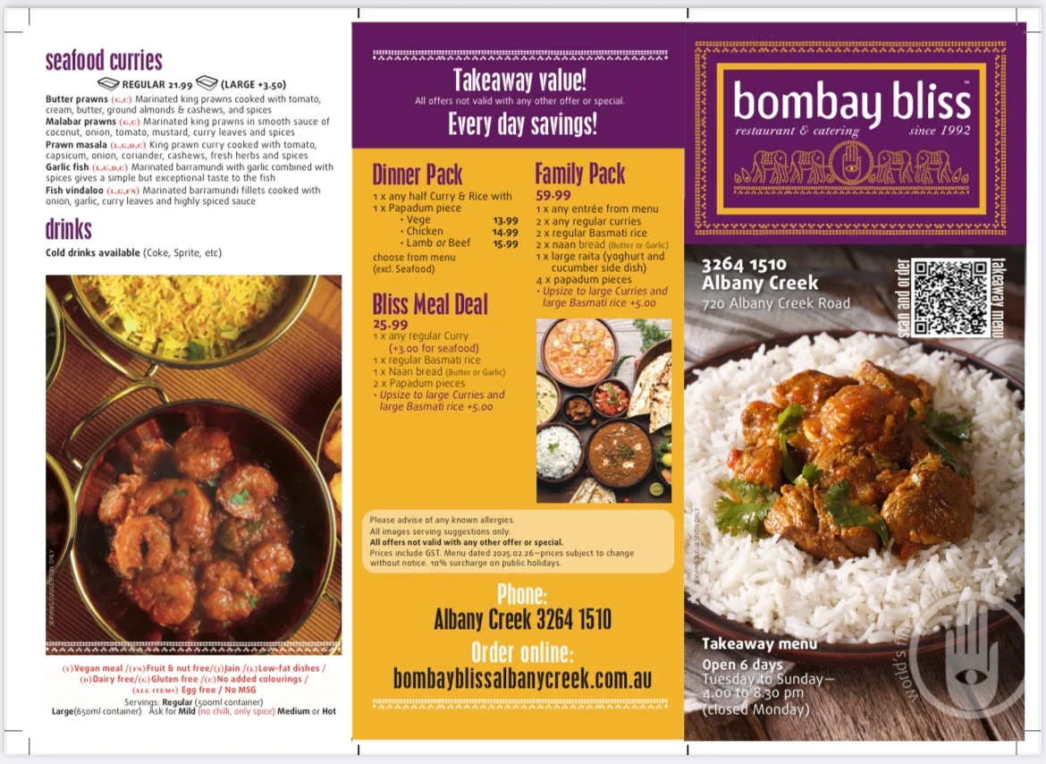 Menu, BOMBAY BLISS ALBANY CREEK
