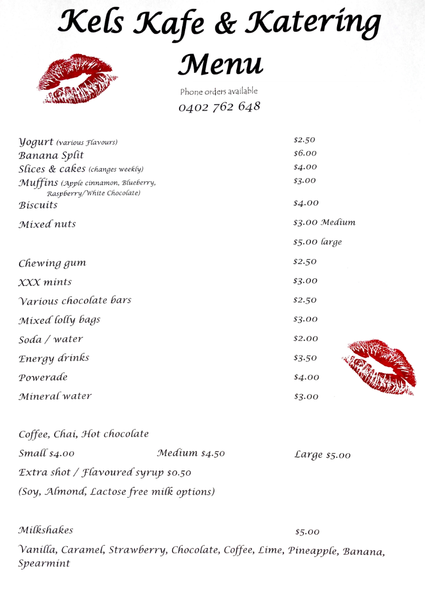 Menu, Kels Kafe & Katering