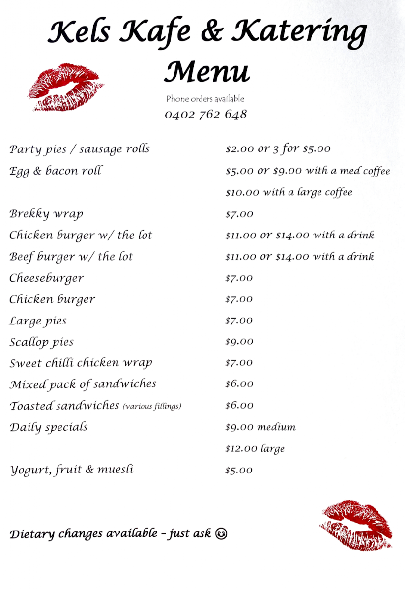 Menu, Kels Kafe & Katering