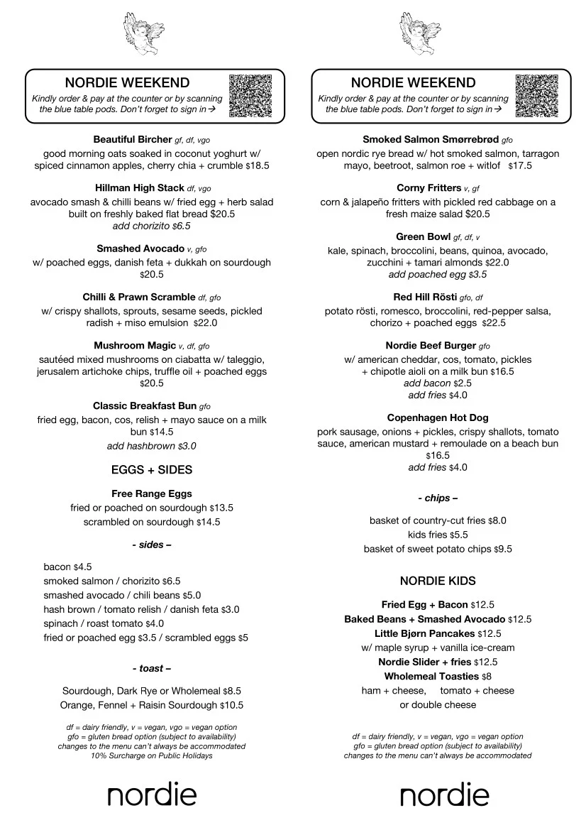 Menu, Nordie Café