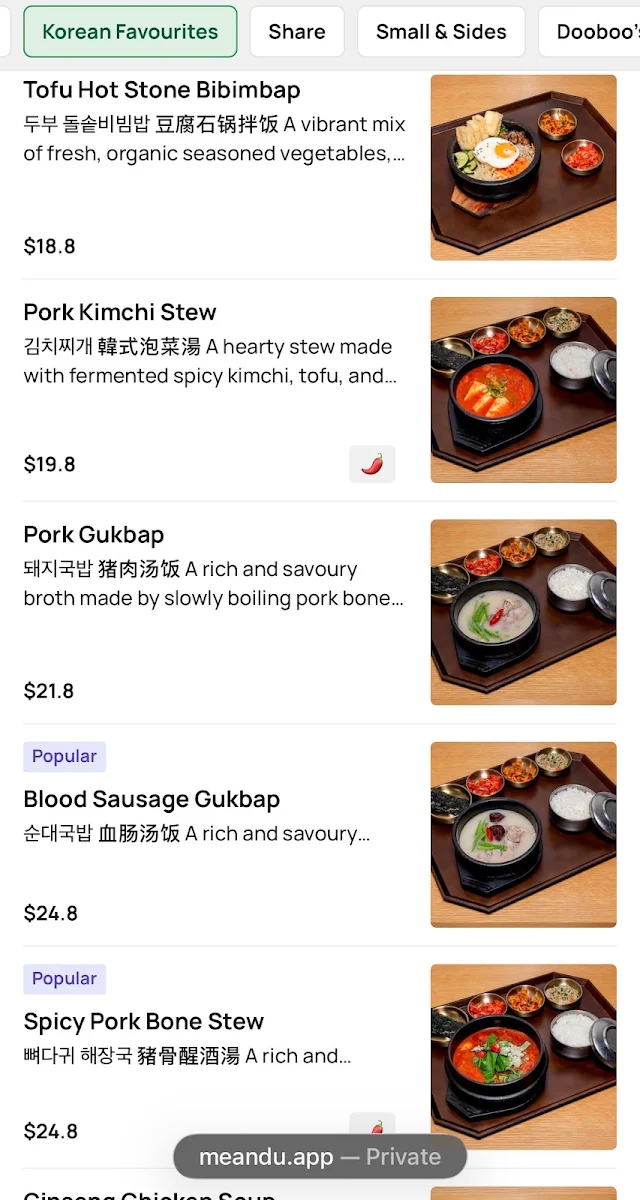 Menu, DooBoo Melbourne