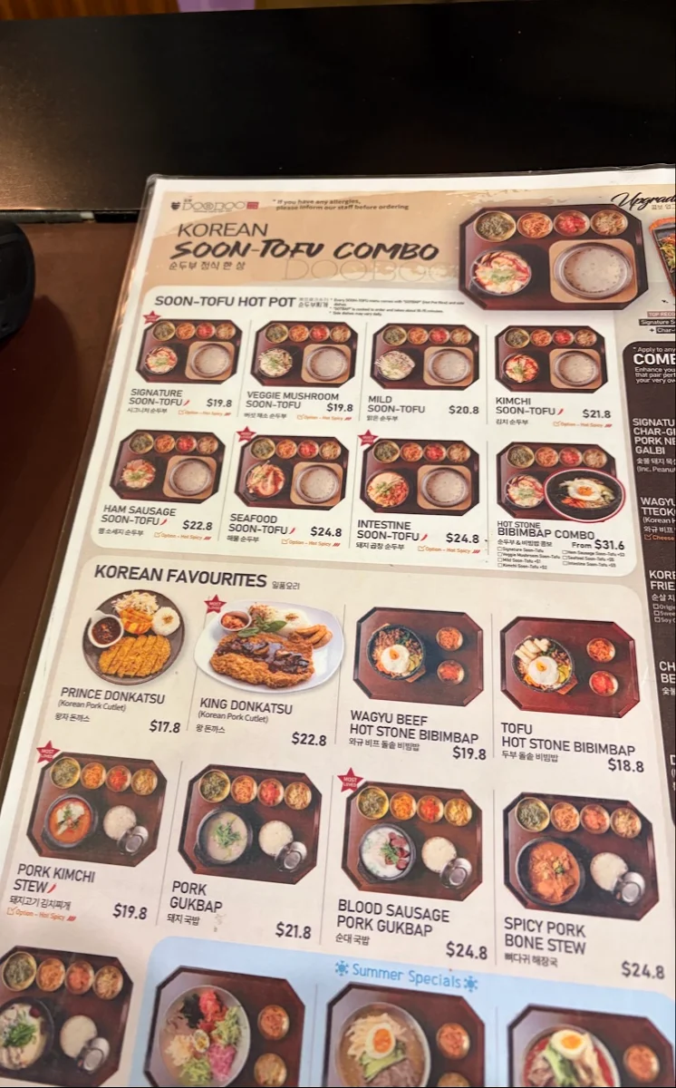 Menu, DooBoo Melbourne