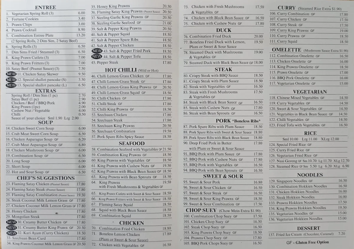 Menu, Silver Dragon Chinese Restaurant