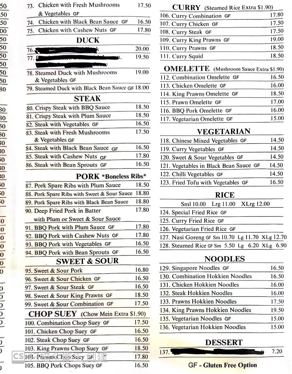 Menu, Silver Dragon Chinese Restaurant