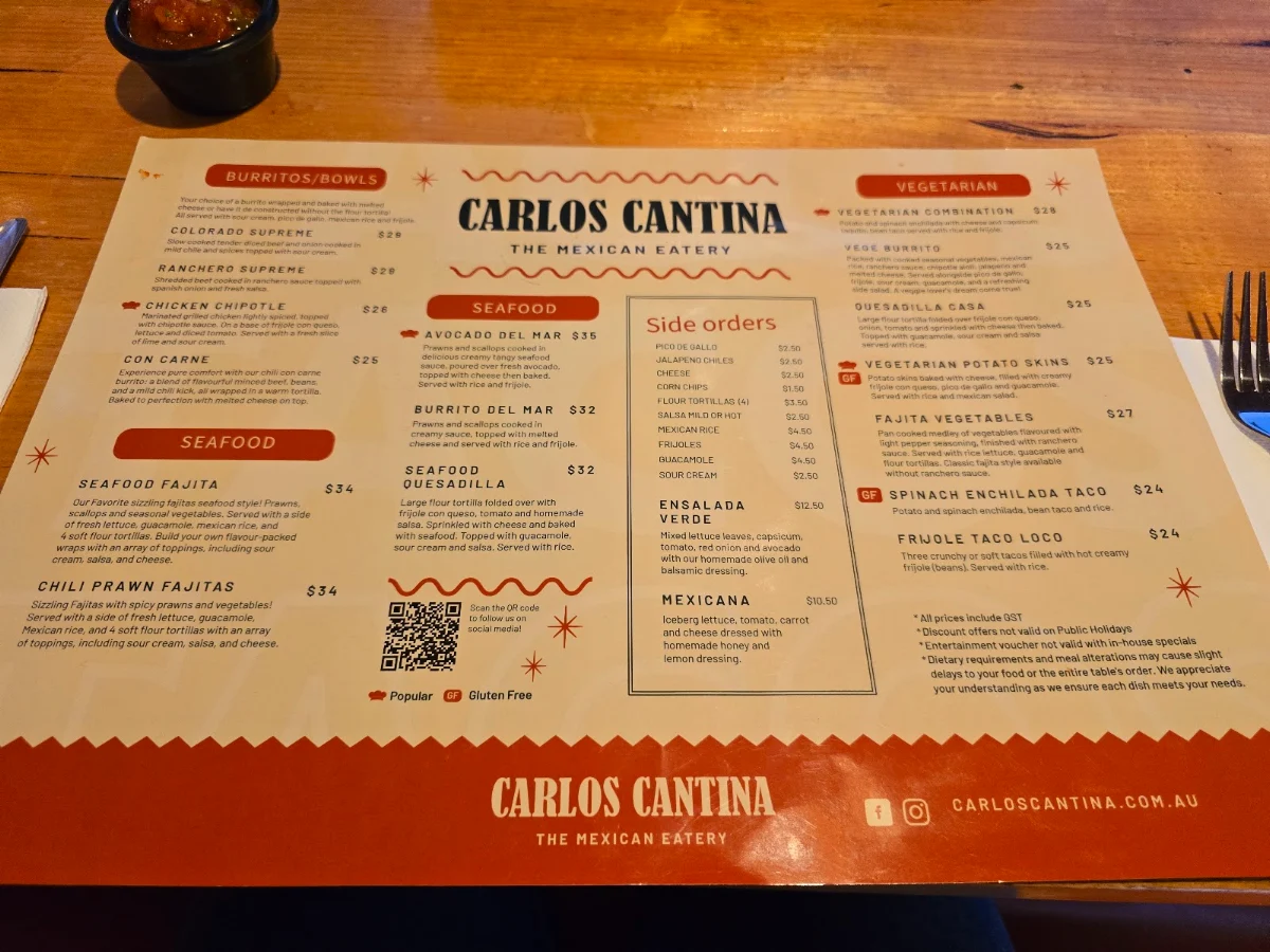 Menu, Carlos Cantina - Croydon