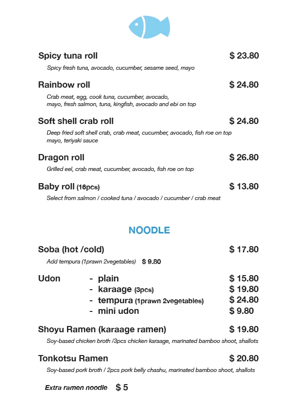 Menu, Shonan Japanese Kitchen