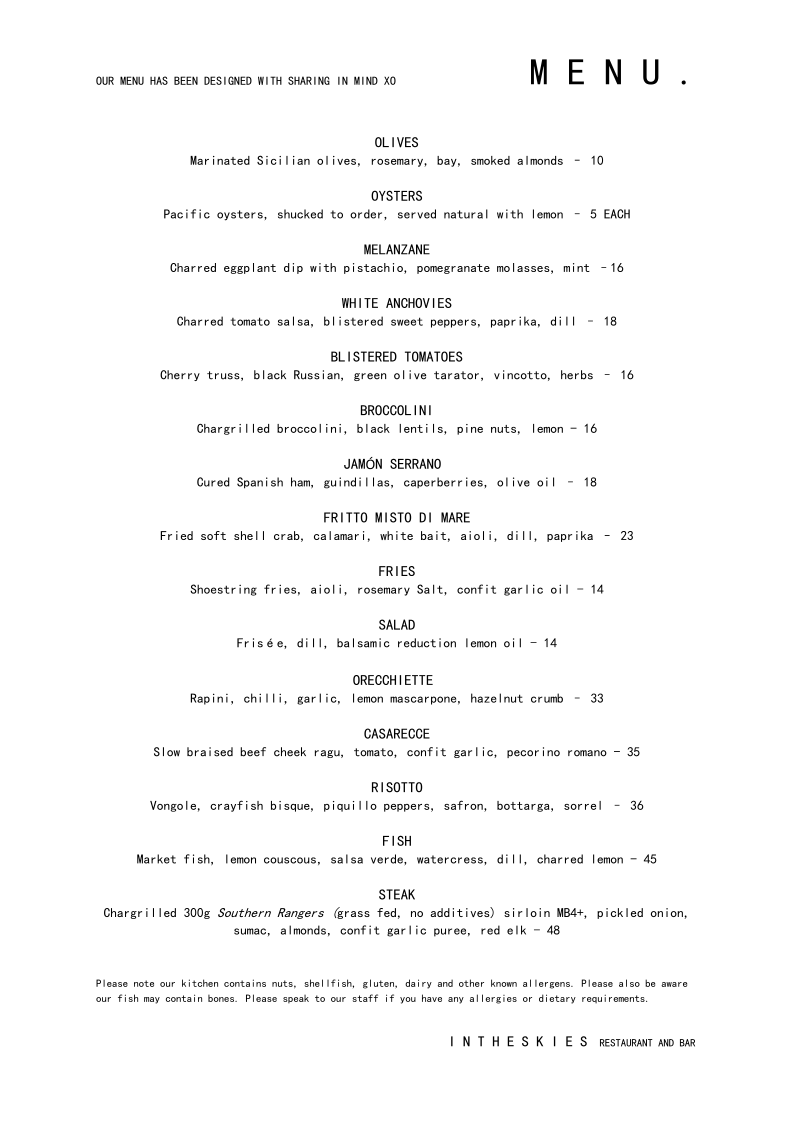 Menu, In the Skies Restaurant & Bar