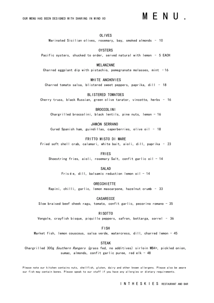 Menu, In the Skies Restaurant & Bar