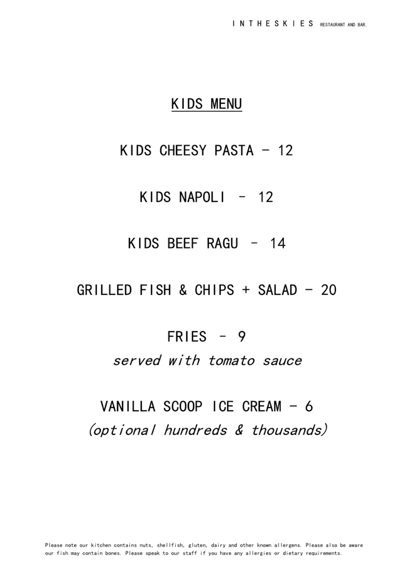 Menu, In the Skies Restaurant & Bar