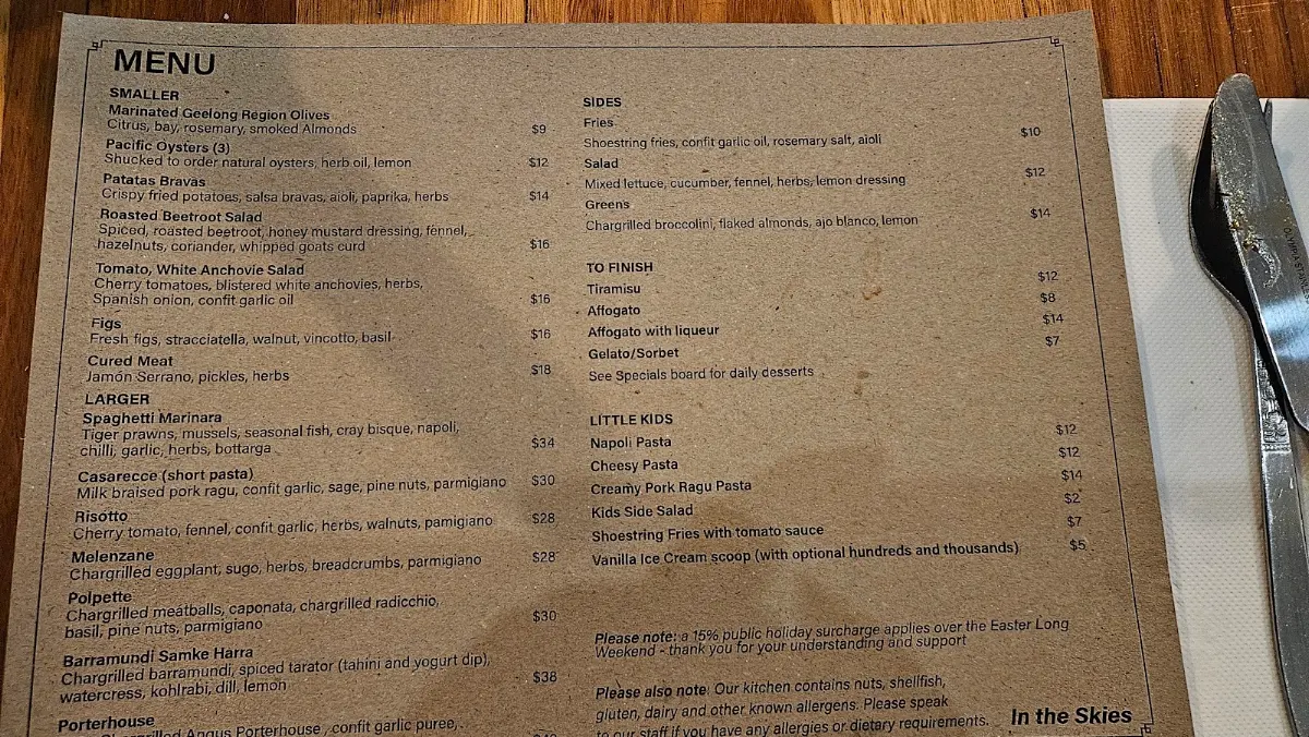 Menu, In the Skies Restaurant & Bar