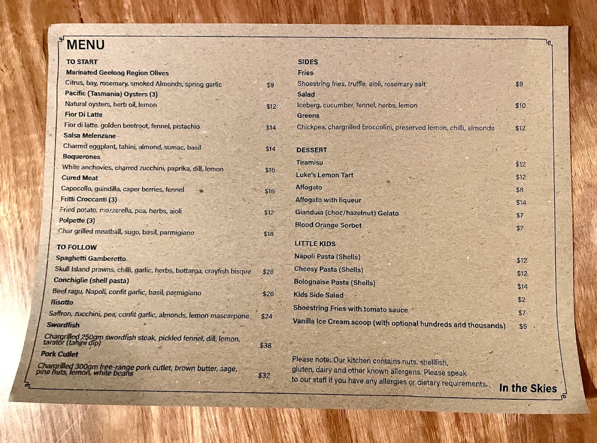 Menu, In the Skies Restaurant & Bar