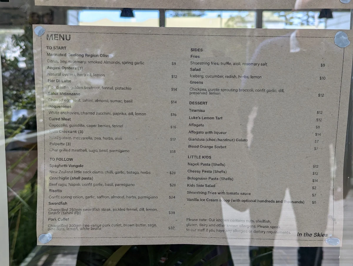 Menu, In the Skies Restaurant & Bar
