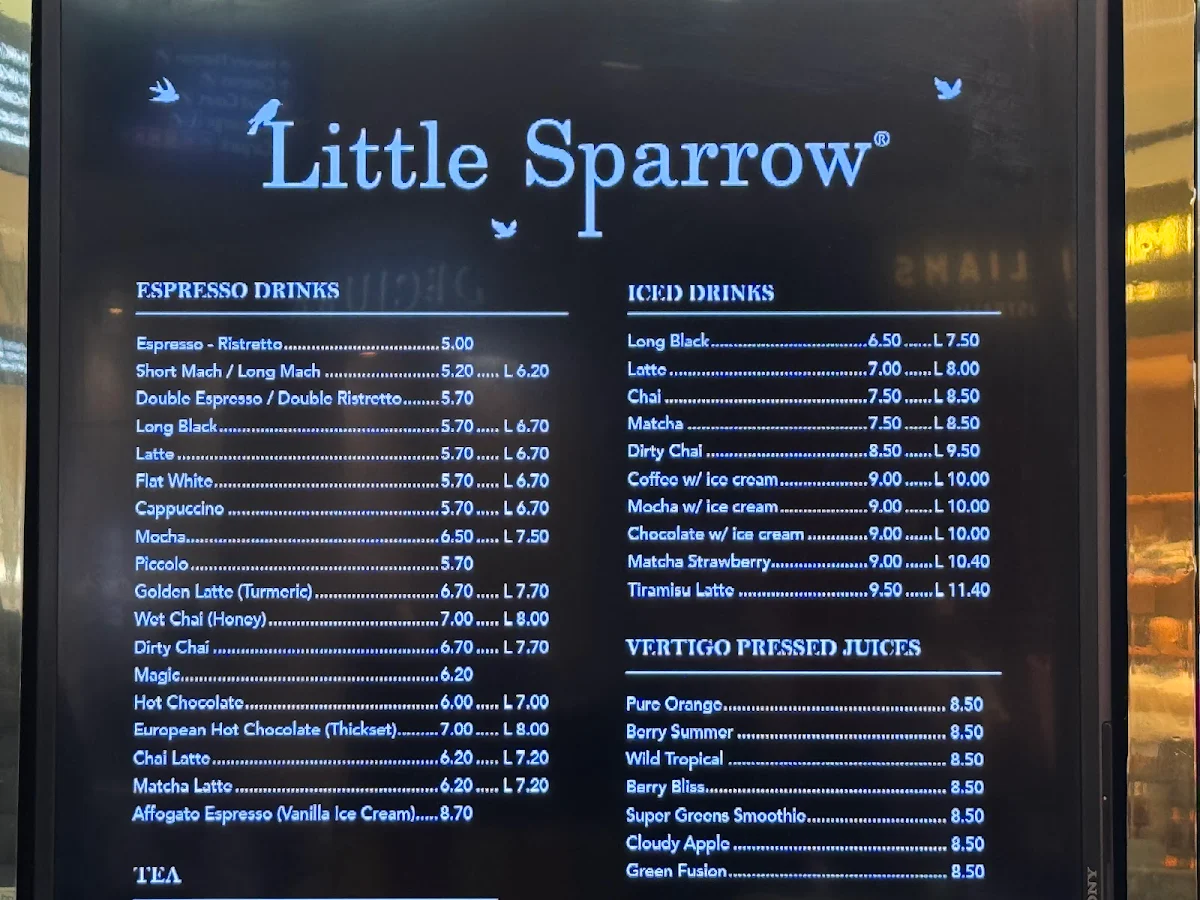 Menu, Little Sparrow Melbourne