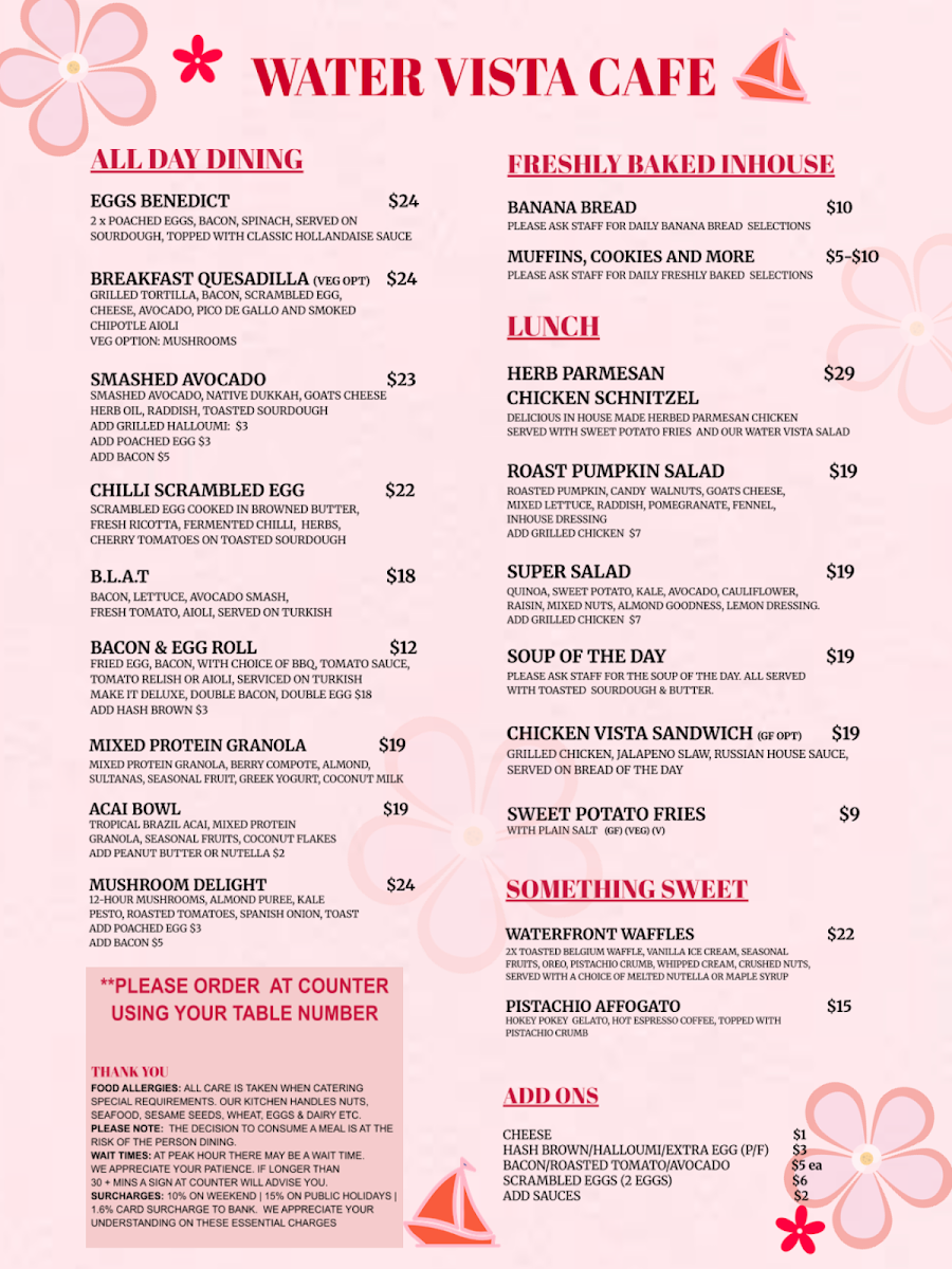 Menu, Water Vista Cafe
