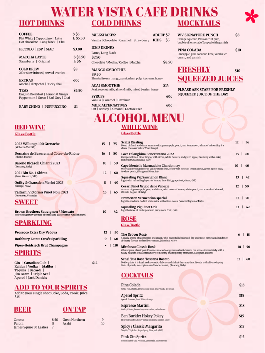 Menu, Water Vista Cafe