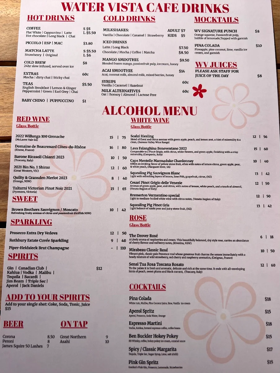 Menu, Water Vista Cafe