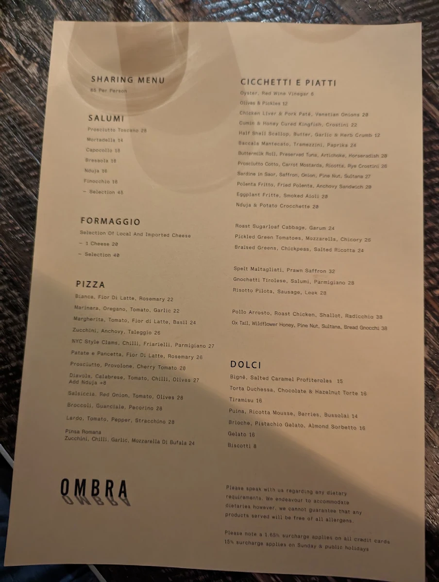 Menu, Ombra