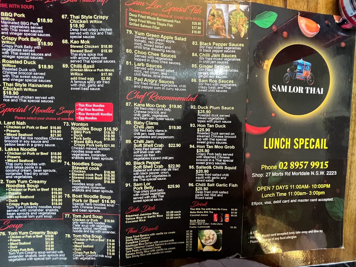 Menu, Sam Lor THAI Restaurant