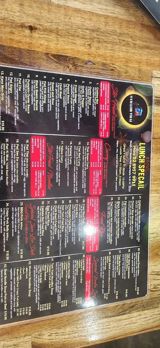 Menu, Sam Lor THAI Restaurant