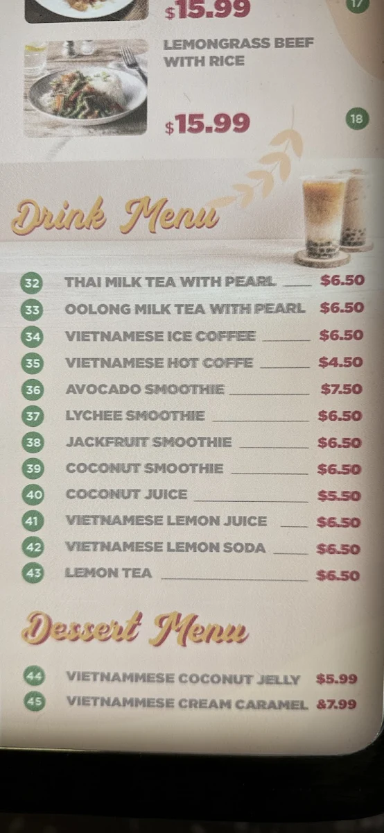 Menu, Lotus Vietnamese Cuisine