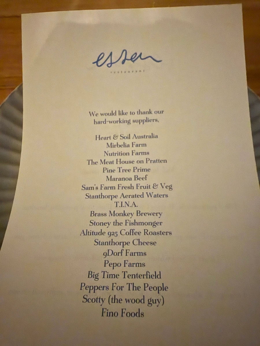 Menu, Essen Restaurant