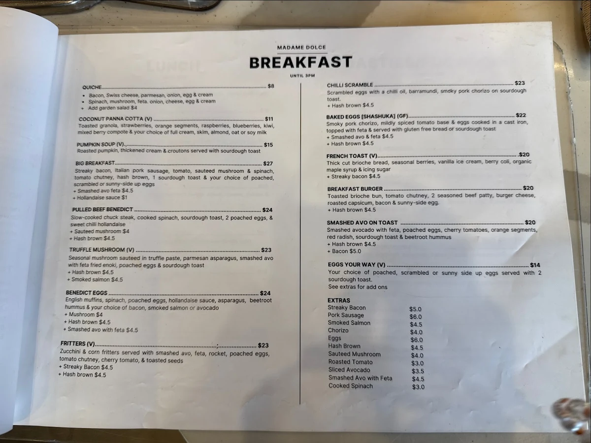 Menu, Madame Dolce Cafe