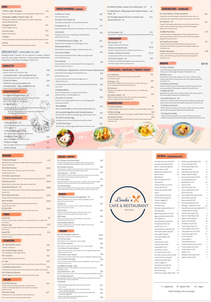 Menu, Linda's Cafe & Restaurant