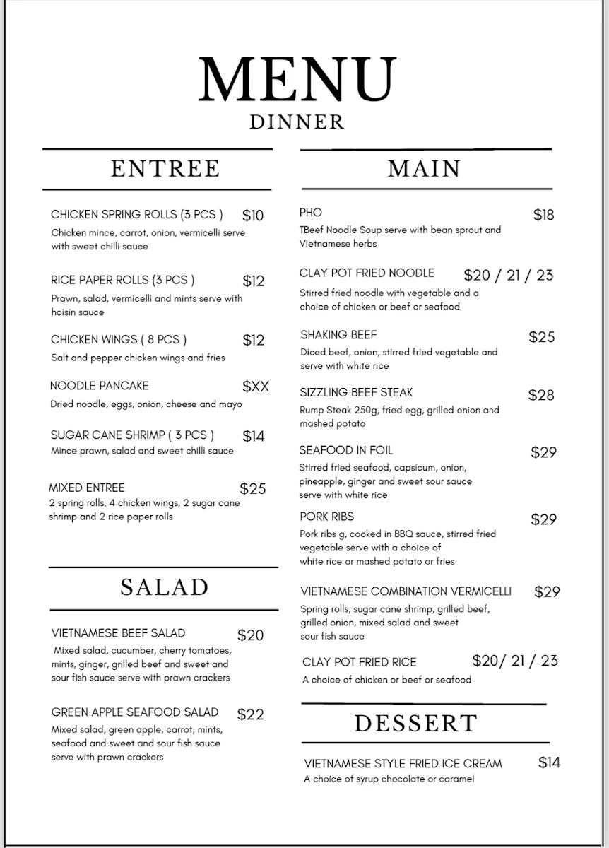 Menu, Linda's Cafe & Restaurant