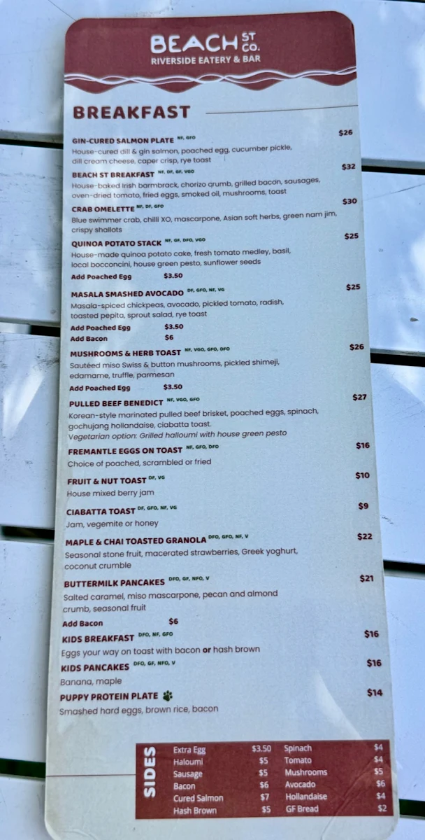 Menu, Beach St Co.
