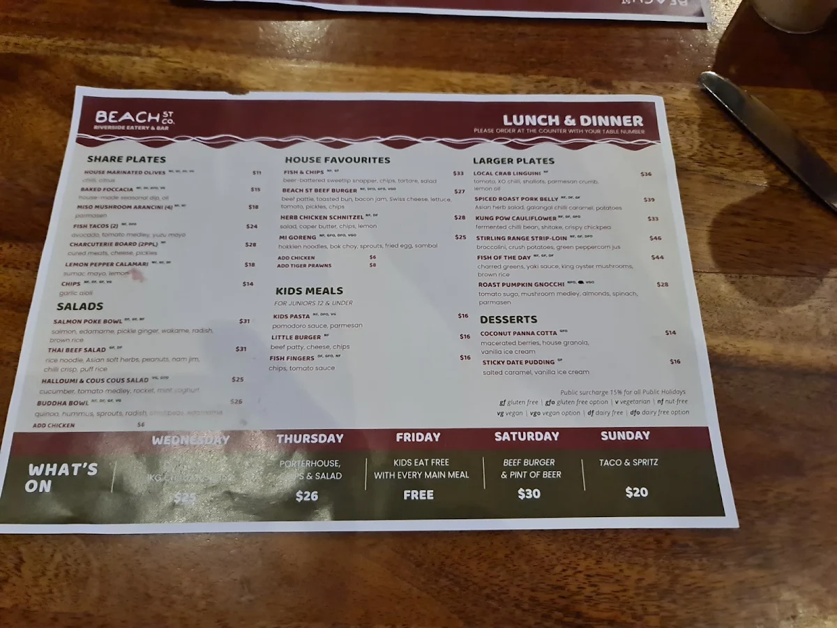 Menu, Beach St Co.