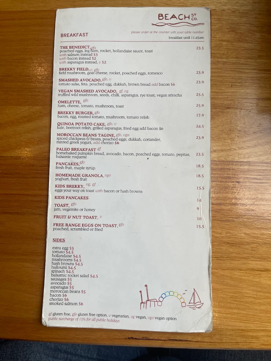 Menu, Beach St Co.