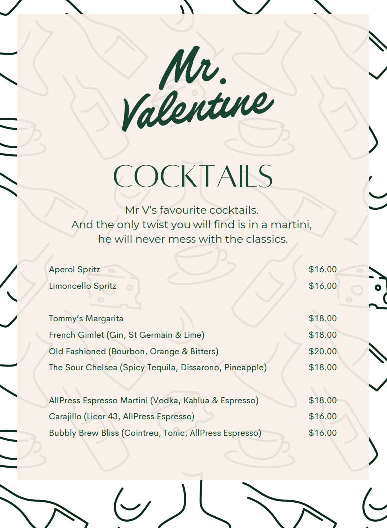 Menu, Mr Valentine