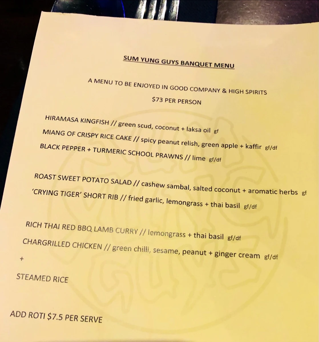 Menu, Sum Yung Guys Restaurant