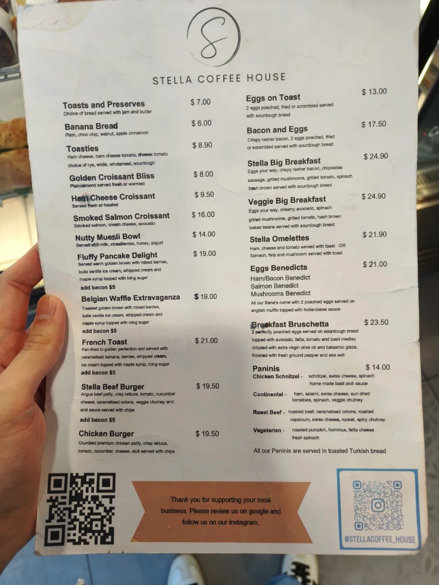 Menu, Stella Coffee House