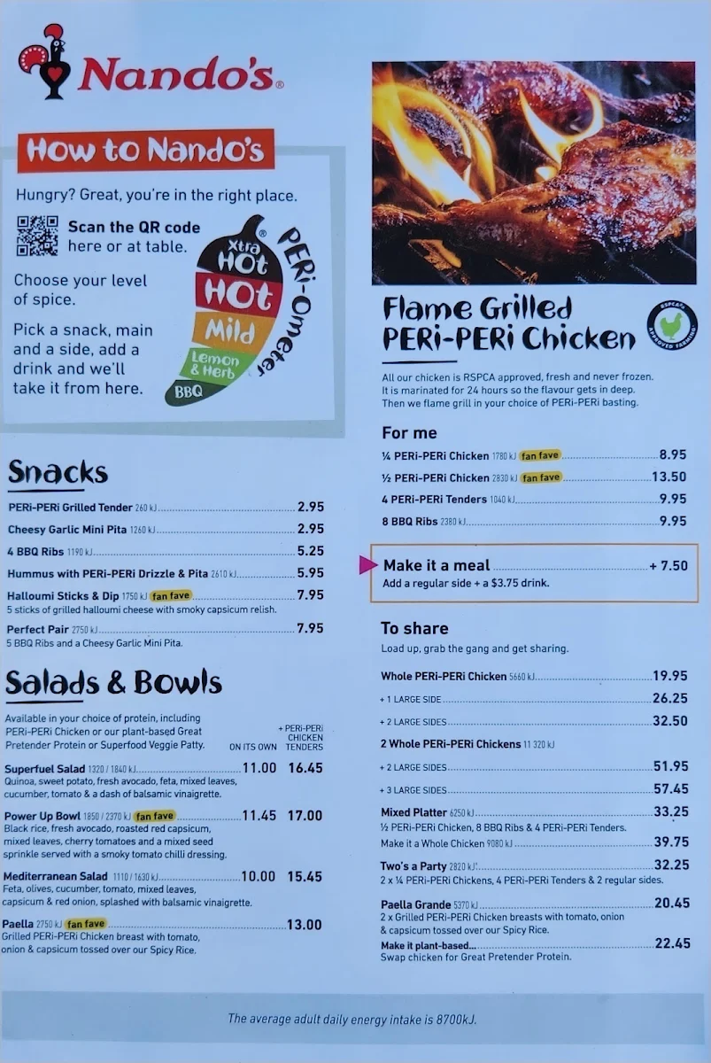 Menu, Nando's Miranda Westfield