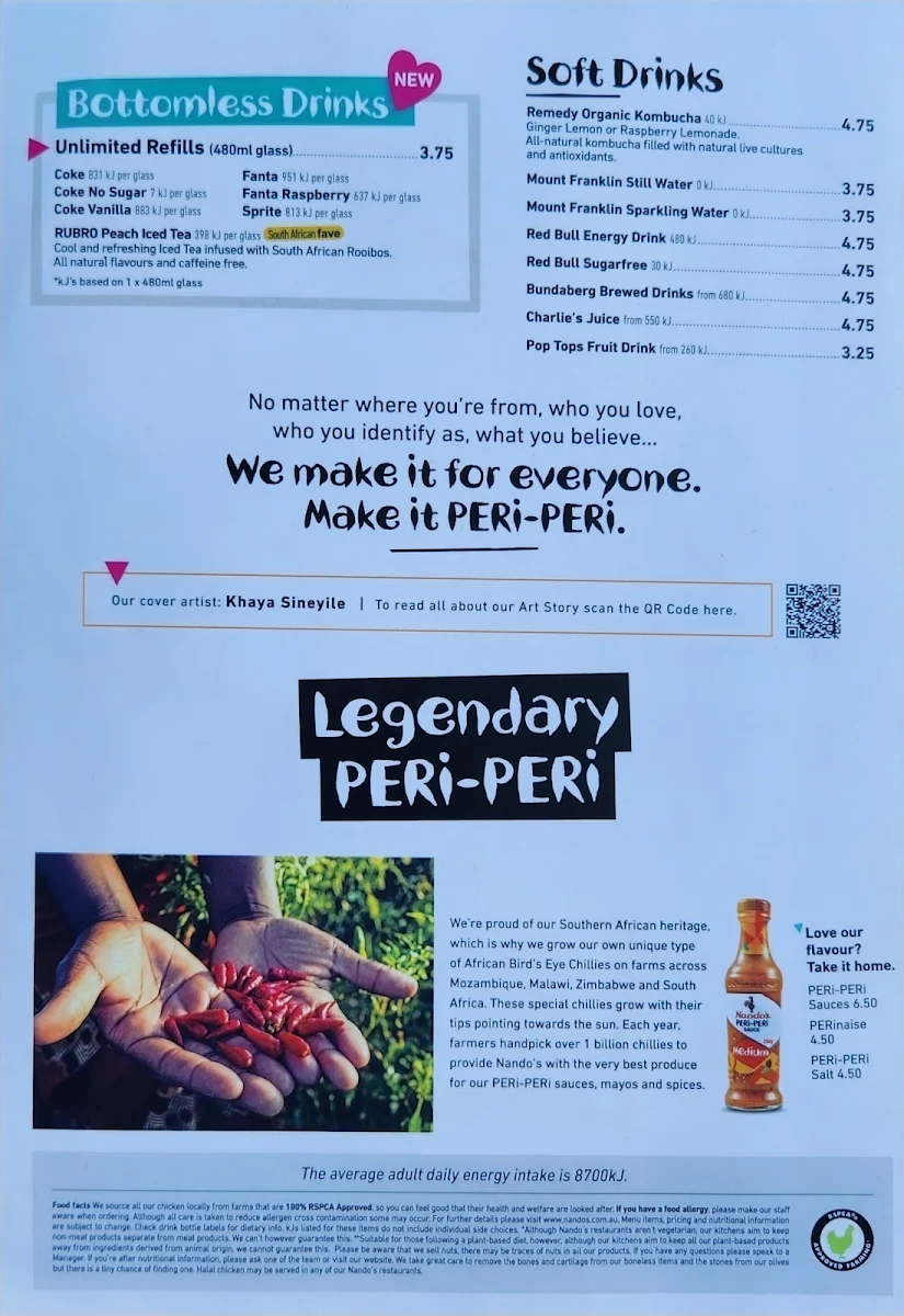 Menu, Nando's Miranda Westfield