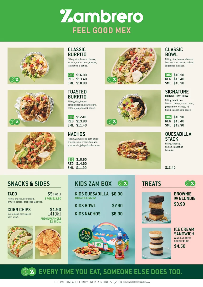 Menu, Zambrero North Lakes