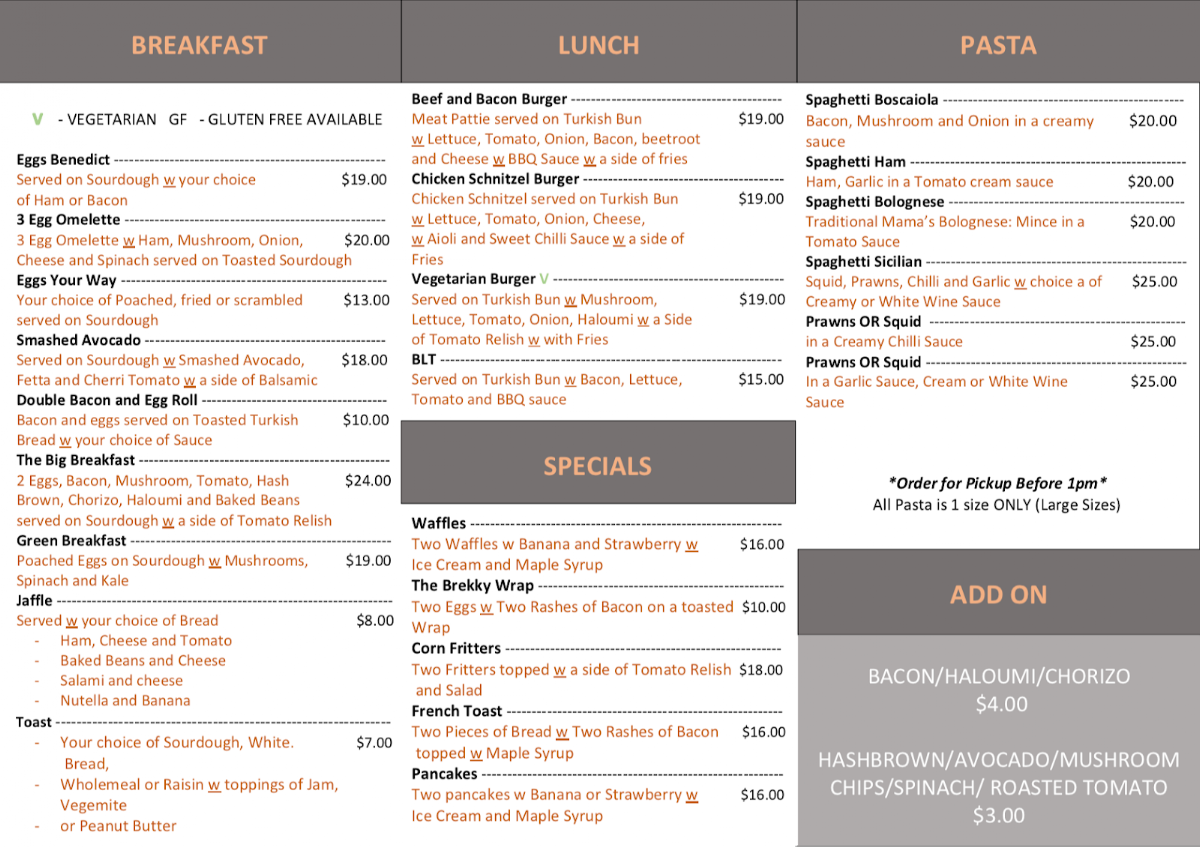 Menu, 3A Cafe